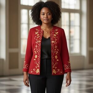 Amelia Key Womens Jacket Plus 18W Red Gold Embroidered Blazer Open Holiday Party